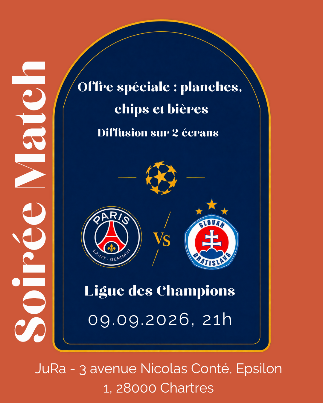 Affiche de la soirée PSG contre Slovan Bratislava, mercredi 9 septembre 2026 à 21 h au JuRa